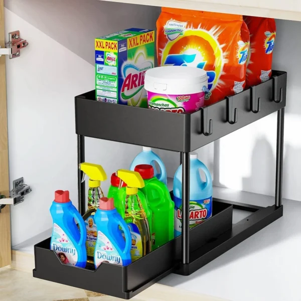 Adjustable Height Under Sink Organizer Pull Out Bathroom Cabinet Storage Rack 2 Tier Under Kitchen Sink Organizer