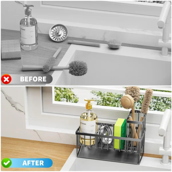 OWNSWING Kitchen Sink Caddy Sponge Holder Organizer and Storage with High Brush Holder Rustproof Kitchen Gadgets Rack