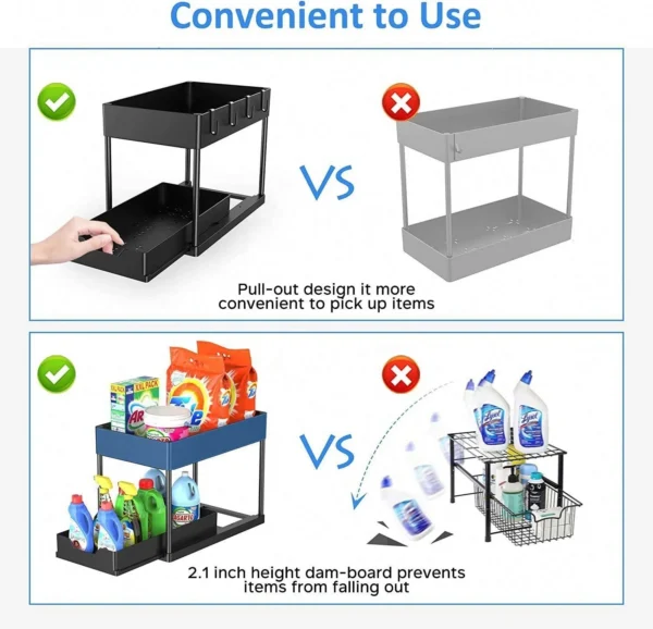 Adjustable Height Under Sink Organizer Pull Out Bathroom Cabinet Storage Rack 2 Tier Under Kitchen Sink Organizer