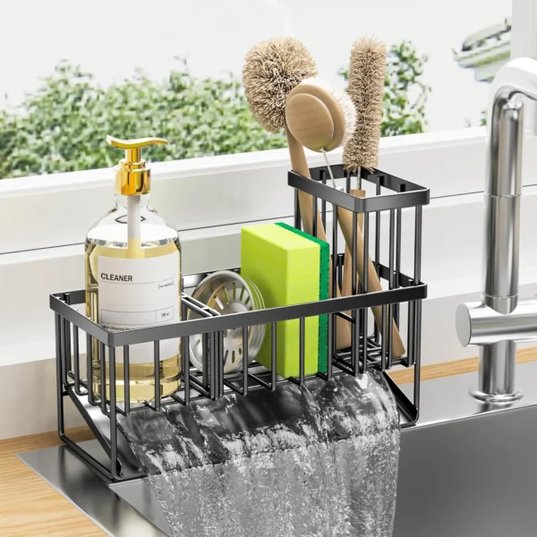 OWNSWING Kitchen Sink Caddy Sponge Holder Organizer and Storage with High Brush Holder Rustproof Kitchen Gadgets Rack